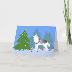 Siberian Husky Decorating Christmas Tree -Forest Holiday Card