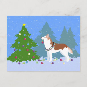 Siberian Husky Decorating Christmas Tree -Forest Holiday Postcard