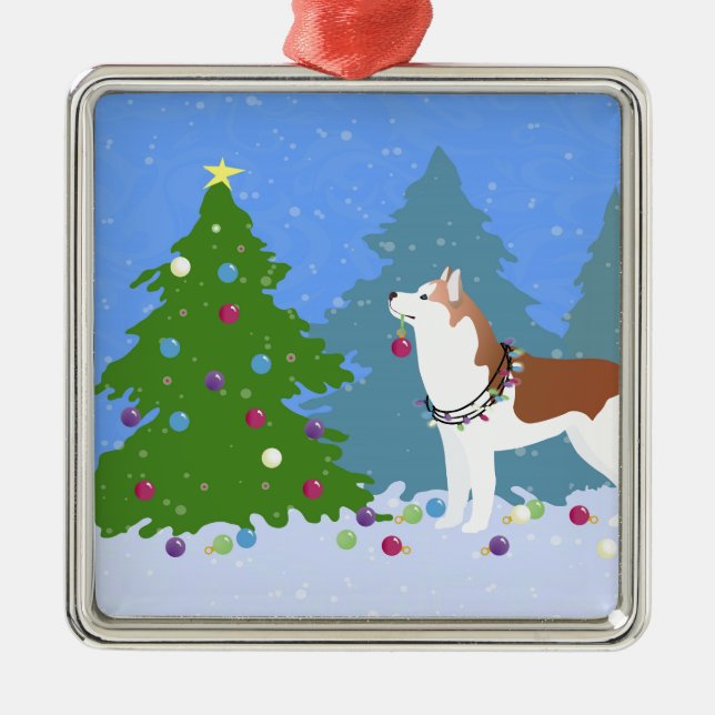 Siberian Husky Decorating Christmas Tree -Forest Metal Tree Decoration (Front)