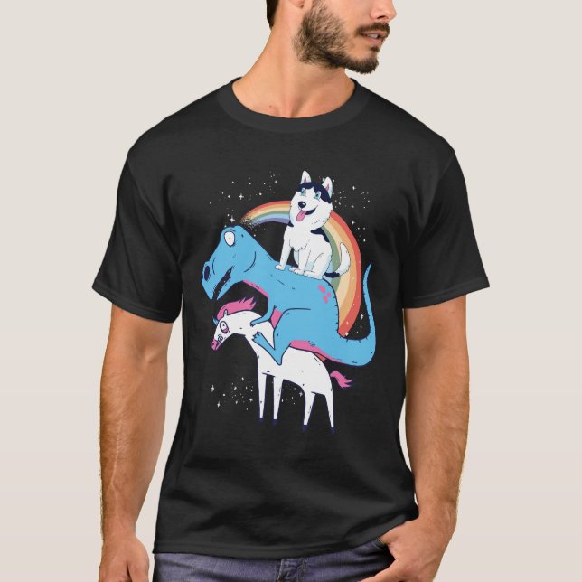 Siberian Husky Dinosaur Riding Unicorn Rex Husky T-Shirt (Front)