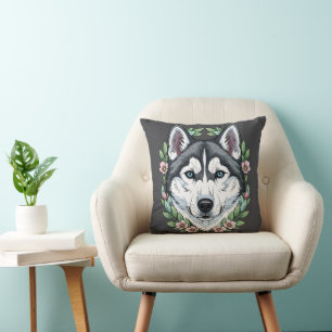 Siberian Husky Dog And Mountain Laurel Flowers Cushion