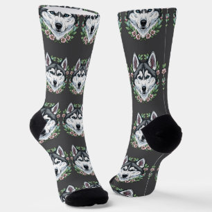Siberian Husky Dog And Mountain Laurel Flowers Socks