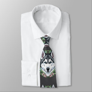 Siberian Husky Dog And Mountain Laurel Flowers  Tie