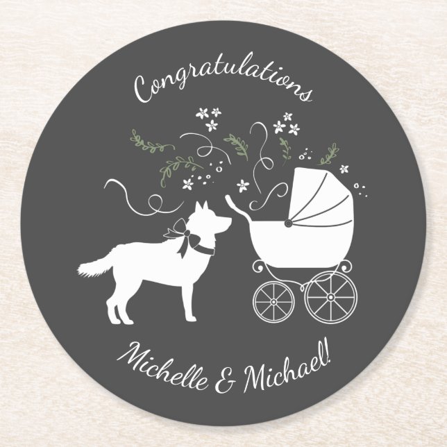 Siberian Husky Dog Baby Shower Puppy Grey Round Paper Coaster (Front)