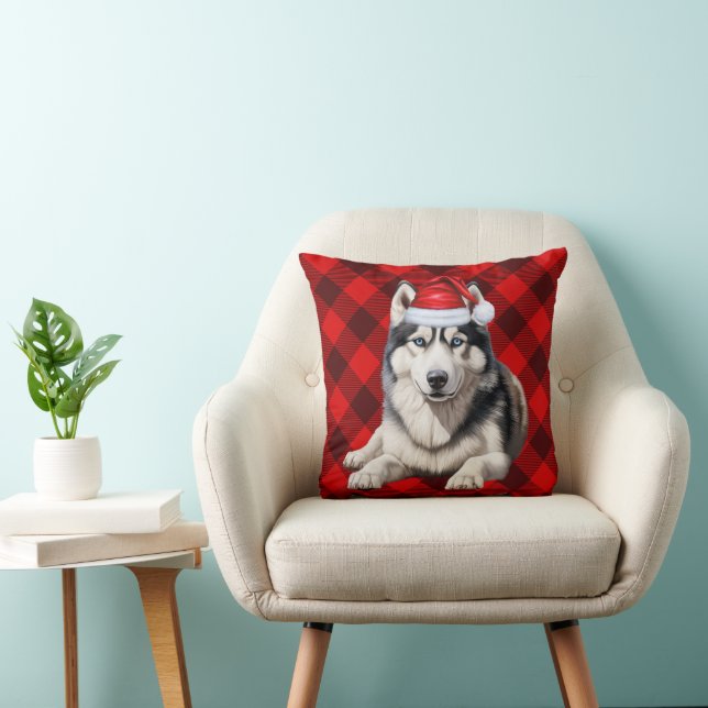 Siberian Husky Dog Buffalo Plaid Christmas Holiday Cushion (Chair)