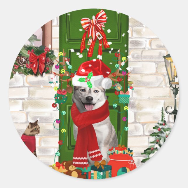 Siberian Husky Dog Christmas  Classic Round Sticker (Front)