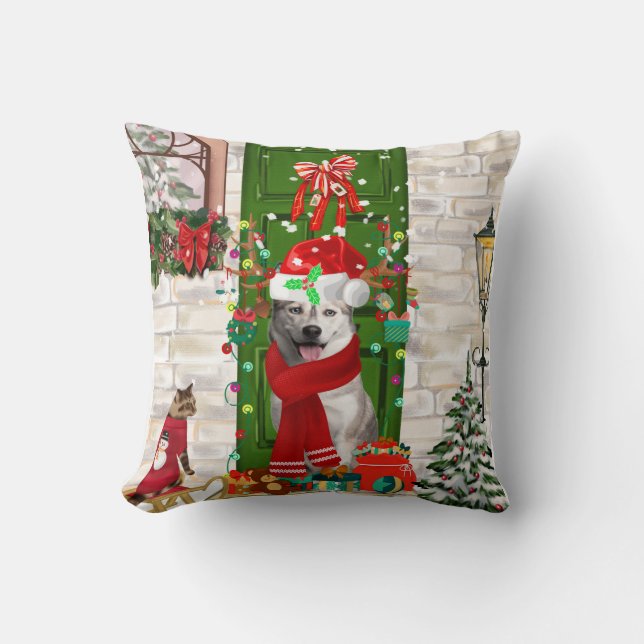 Siberian Husky Dog Christmas Cushion (Front)