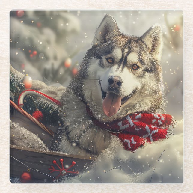 Siberian Husky Dog Christmas Festive Glass Coaster (Front)