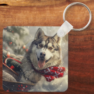 Siberian Husky Dog Christmas Festive Key Ring