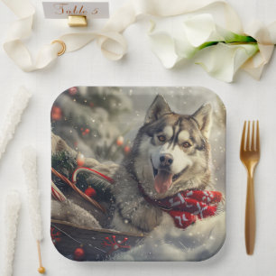 Siberian Husky Dog Christmas Festive Paper Plate