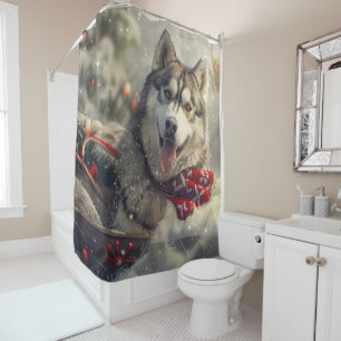 Siberian Husky Dog Christmas Festive Shower Curtain