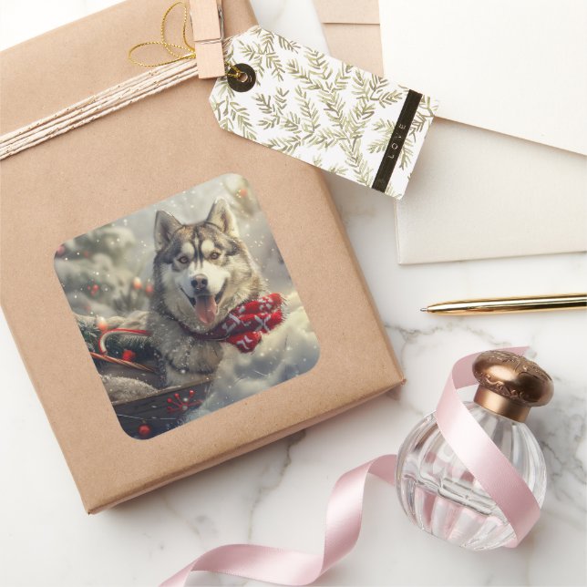 Siberian Husky Dog Christmas Festive Square Sticker (Gifting)