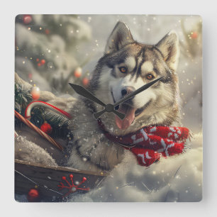 Siberian Husky Dog Christmas Festive Square Wall Clock