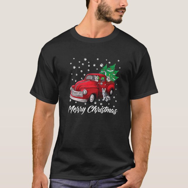 Siberian Husky Dog Christmas Red Truck Merry Xmas T-Shirt (Front)