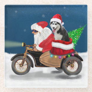 Siberian Husky Dog Christmas Santa Claus   Glass Coaster