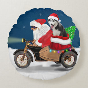 Siberian Husky Dog Christmas Santa Claus   Round Cushion