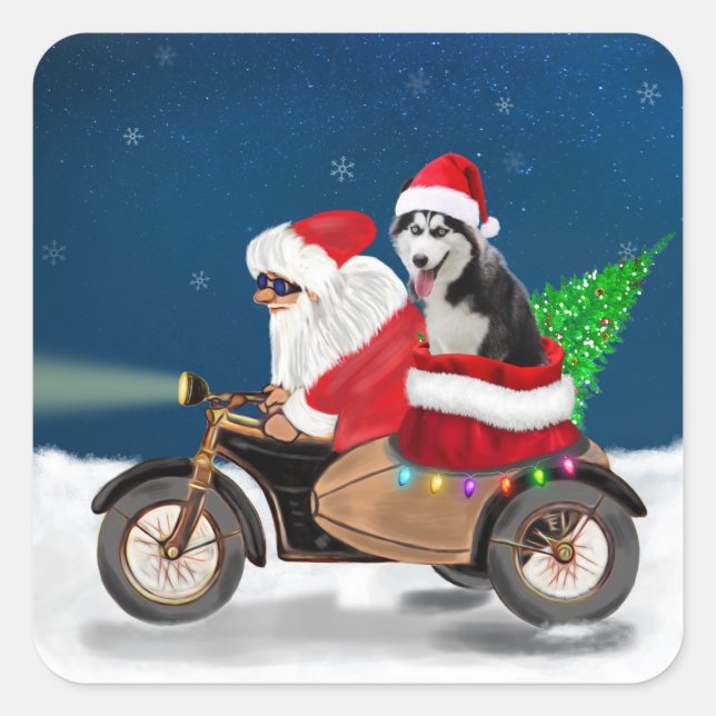 Siberian Husky Dog Christmas Santa Claus   Square Sticker (Front)