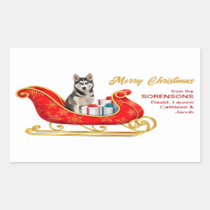 Siberian Husky Dog Christmas Sleigh Rectangular Sticker