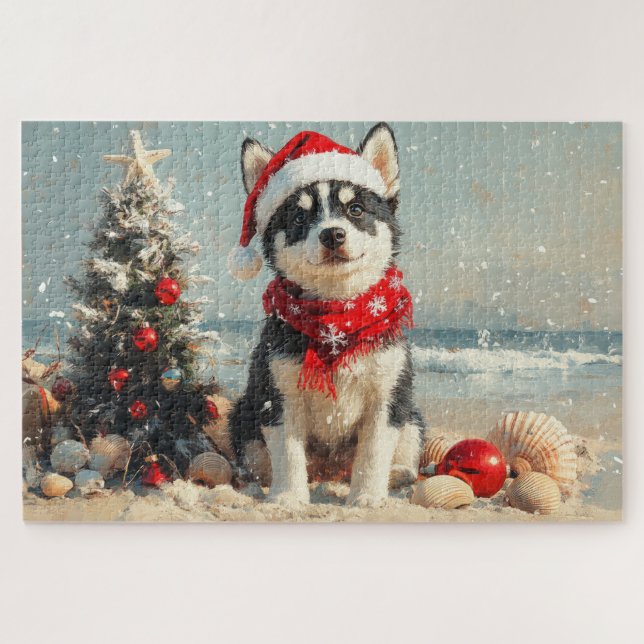 Siberian Husky Dog Christmas Vintage Beach Jigsaw Puzzle (Horizontal)