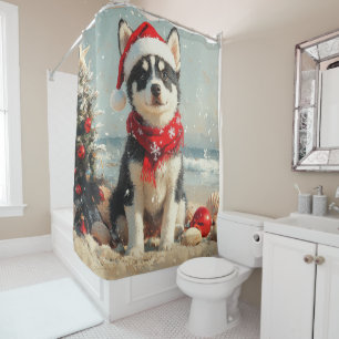 Siberian Husky Dog Christmas Vintage Beach Shower Curtain