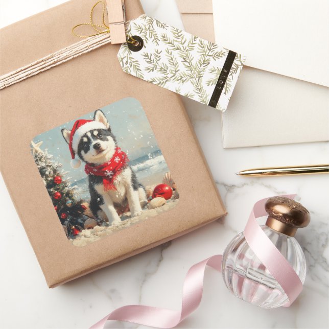 Siberian Husky Dog Christmas Vintage Beach Square Sticker (Gifting)