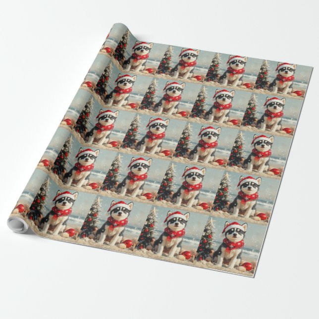Siberian Husky Dog Christmas Vintage Beach Wrapping Paper (Unrolled)
