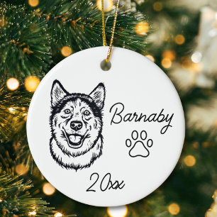 Siberian Husky Dog Custom Name and Year Line Art Ceramic Tree Decoration