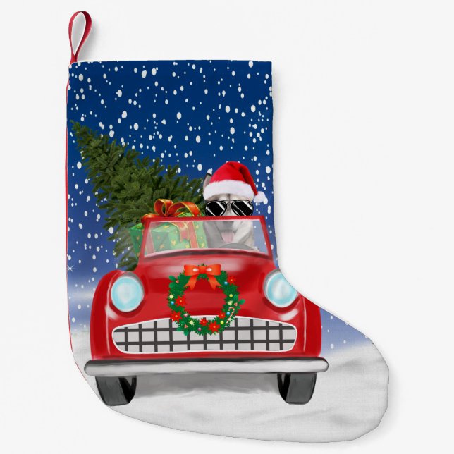 Siberian Husky Dog Driving Car In Snow Christmas  Small Christmas Stocking (Front)