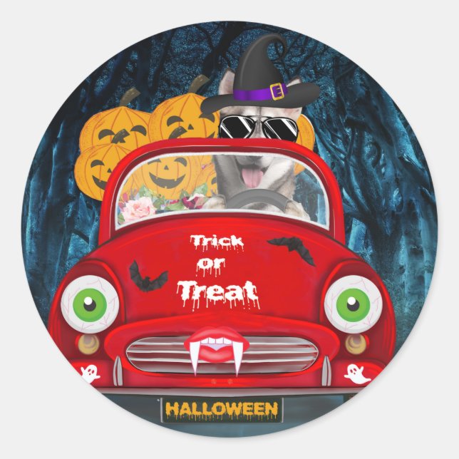 Siberian Husky Dog Driving Car Scary Halloween  Classic Round Sticker (Front)