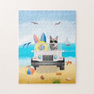 siberian husky dog Driving on Beach  Jigsaw Puzzle