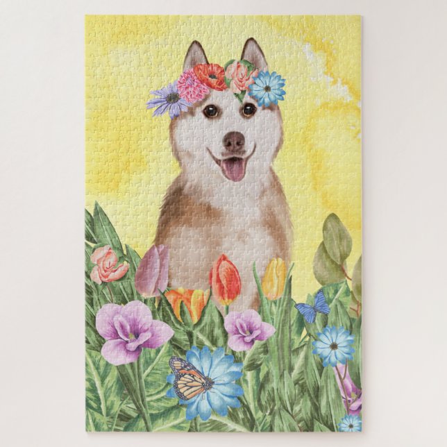 Siberian Husky Dog Flowers Jigsaw Puzzle (Vertical)