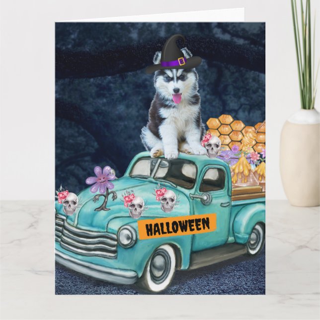 Siberian Husky Dog Halloween Truck Scary Night  Card (Front)