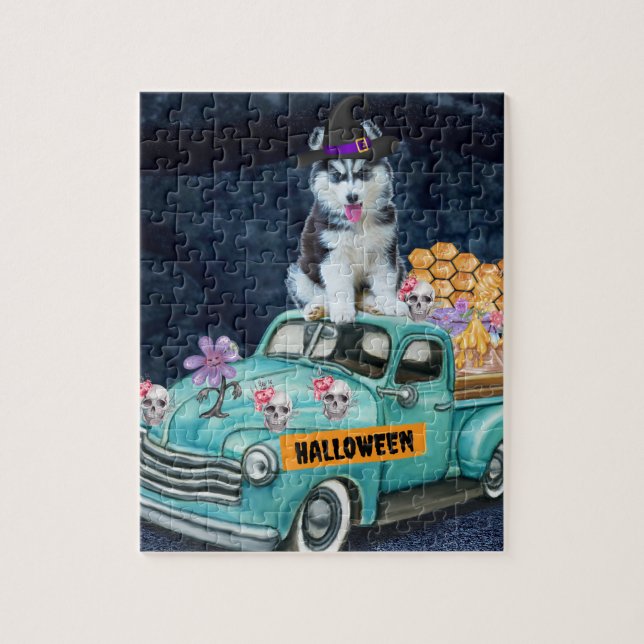 Siberian Husky Dog Halloween Truck Scary Night   Jigsaw Puzzle (Vertical)