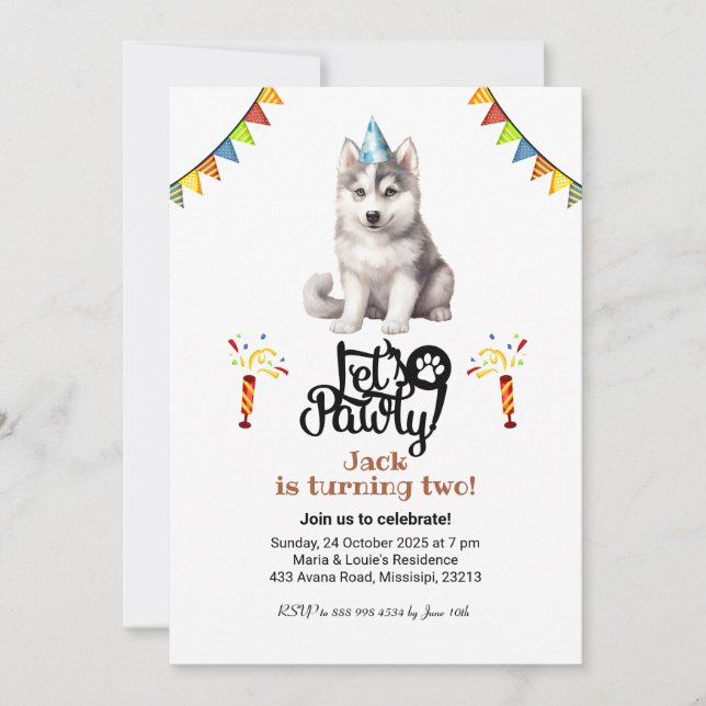 Siberian Husky Dog Hat Let's Pawty Birthday Invitation (Front)