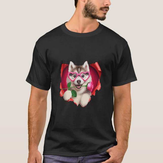 Siberian Husky Dog Heart Glasses Lover Rose Valent T-Shirt (Front)