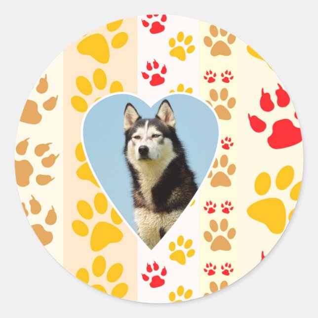 Siberian Husky Dog Heart Paws Print Classic Round Sticker (Front)