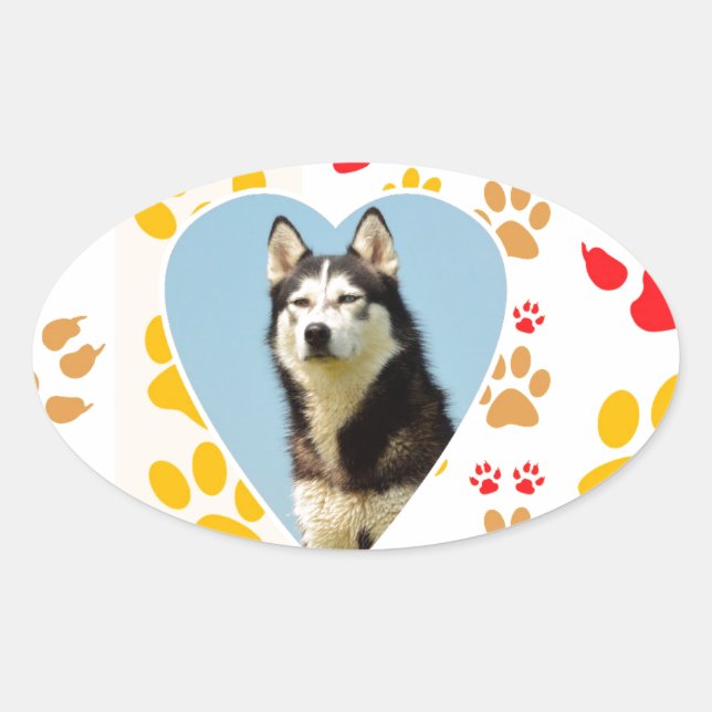 Siberian Husky Dog Heart Paws Print Oval Sticker (Front)