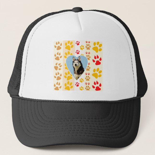 Siberian Husky Dog Heart Paws Print Trucker Hat (Front)