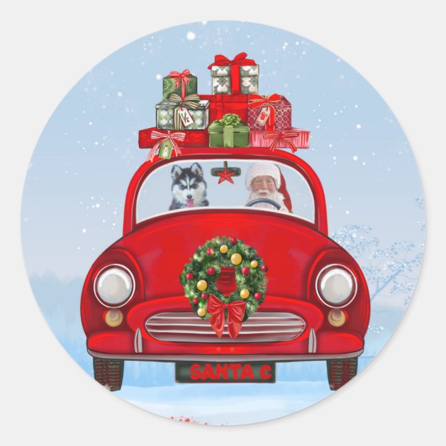 Siberian Husky Dog In Car With Santa Claus  Classic Round Sticker (Front)