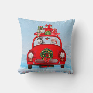 Siberian Husky Dog In Car With Santa Claus Cushion