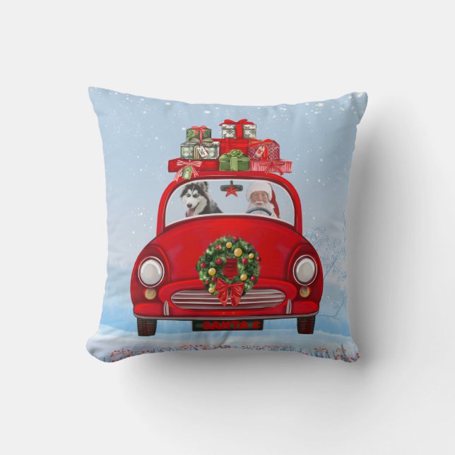 Siberian Husky Dog In Car With Santa Claus Cushion (Front)