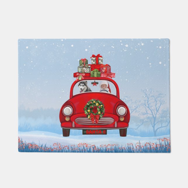 Siberian Husky Dog In Car With Santa Claus  Doormat (Front)
