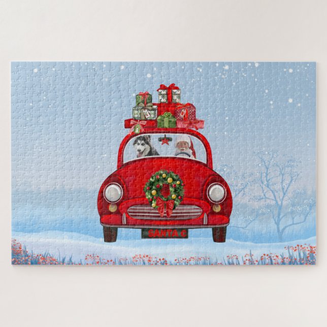 Siberian Husky Dog In Car With Santa Claus Jigsaw Puzzle (Horizontal)