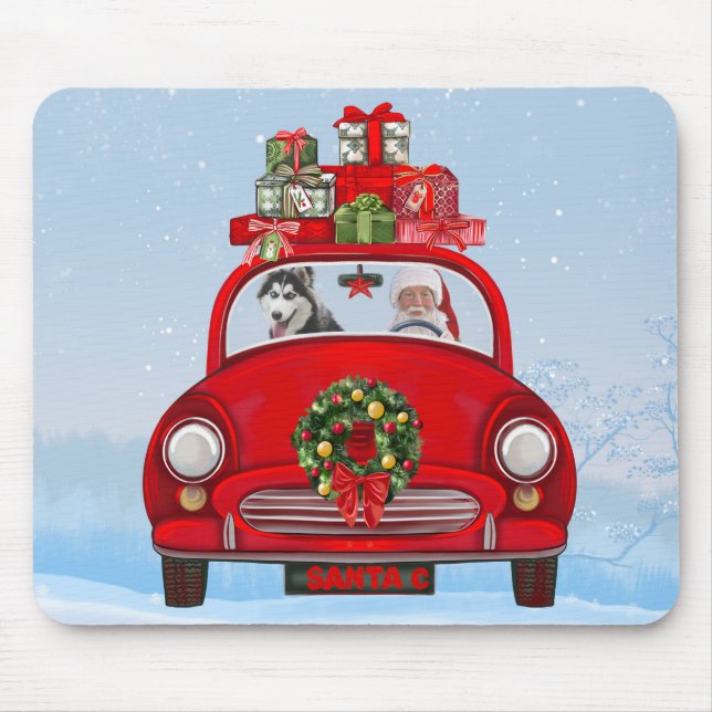 Siberian Husky Dog In Car With Santa Claus Mouse Mat (Front)