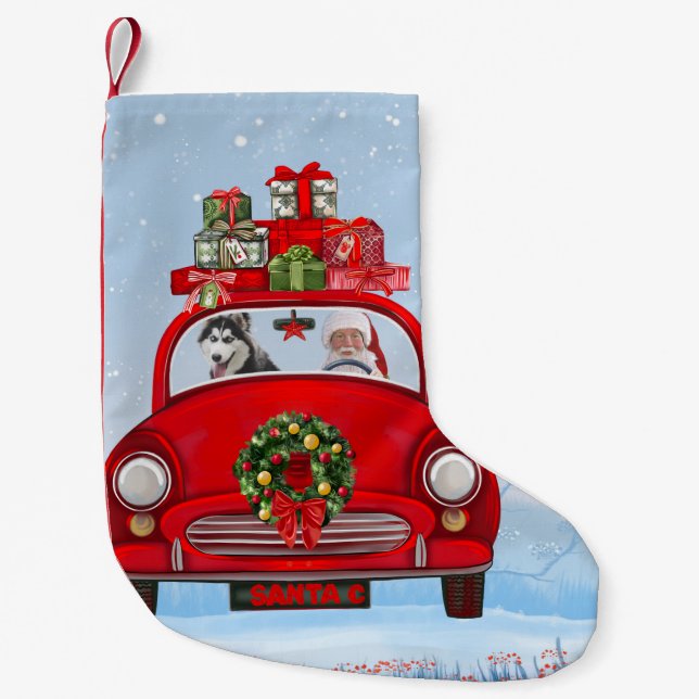 Siberian Husky Dog In Car With Santa Claus  Small Christmas Stocking (Front)
