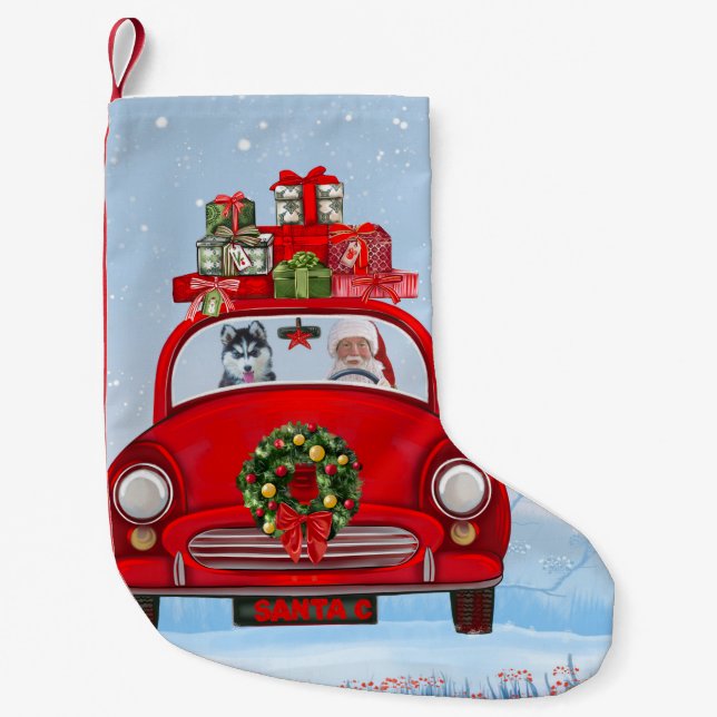 Siberian Husky Dog In Car With Santa Claus  Small Christmas Stocking (Front)
