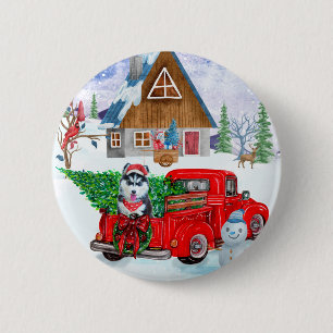 Siberian Husky Dog In Christmas Delivery Truck  6 Cm Round Badge
