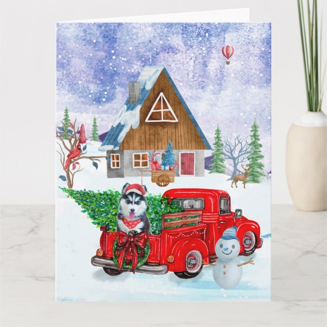 Siberian Husky Dog In Christmas Delivery Truck Card (Front)