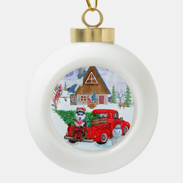 Siberian Husky Dog In Christmas Delivery Truck  Ceramic Ball Christmas Ornament (Front)