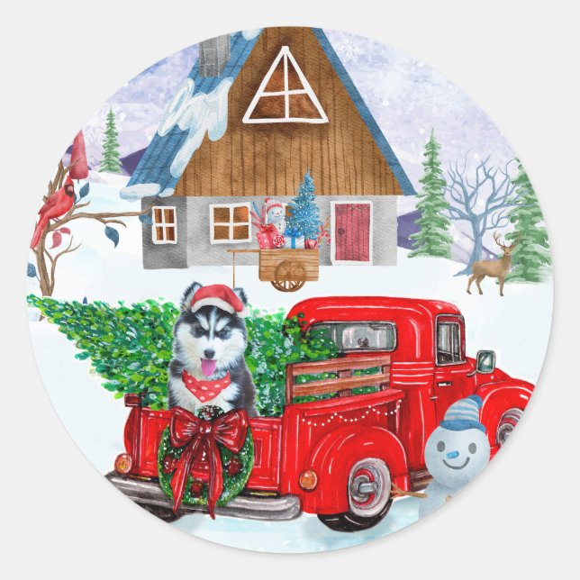 Siberian Husky Dog In Christmas Delivery Truck Classic Round Sticker (Front)